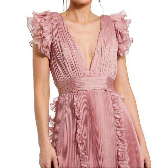 Mac Duggal 49675 Size 2 Rose Pink Pleated Chiffon Ruffle V-Neck Midi Dress - Picture 4 of 4